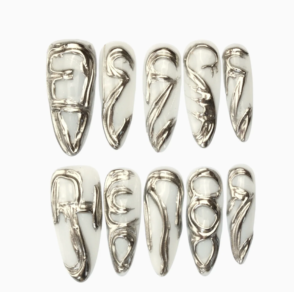 Silver Liquid Metal Almond Press-On Nails