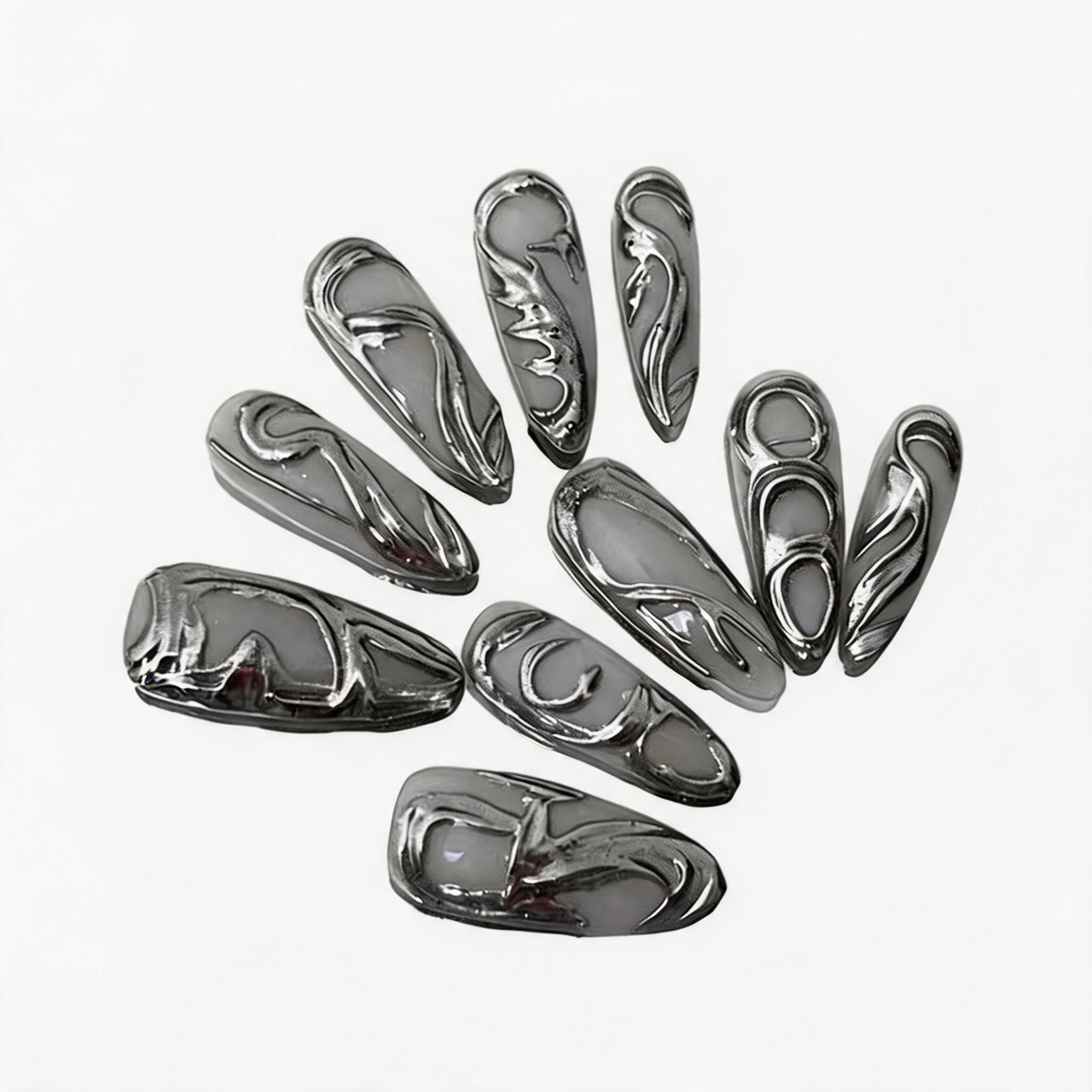 Silver Liquid Metal Almond Press-On Nails