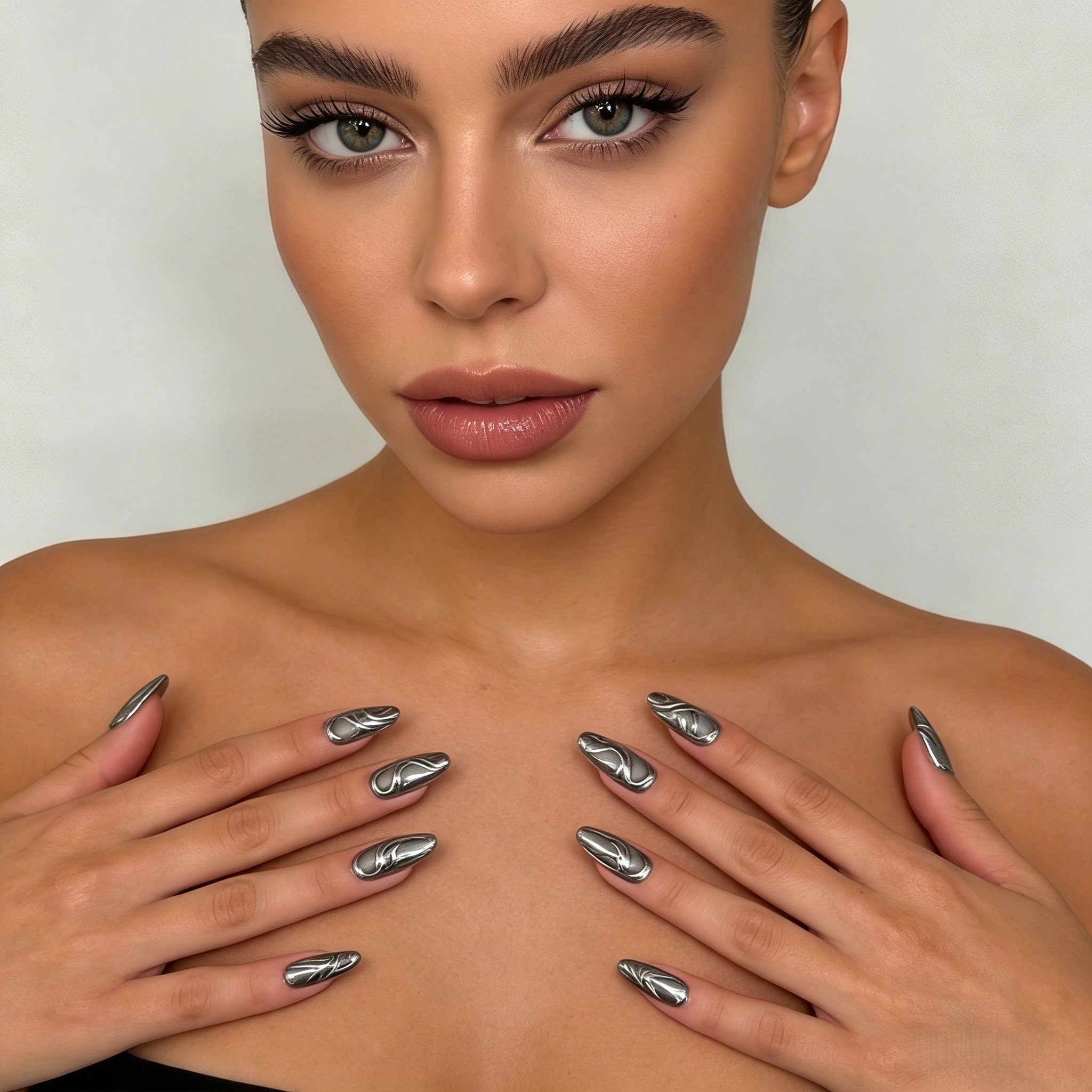Silver Liquid Metal Almond Press-On Nails