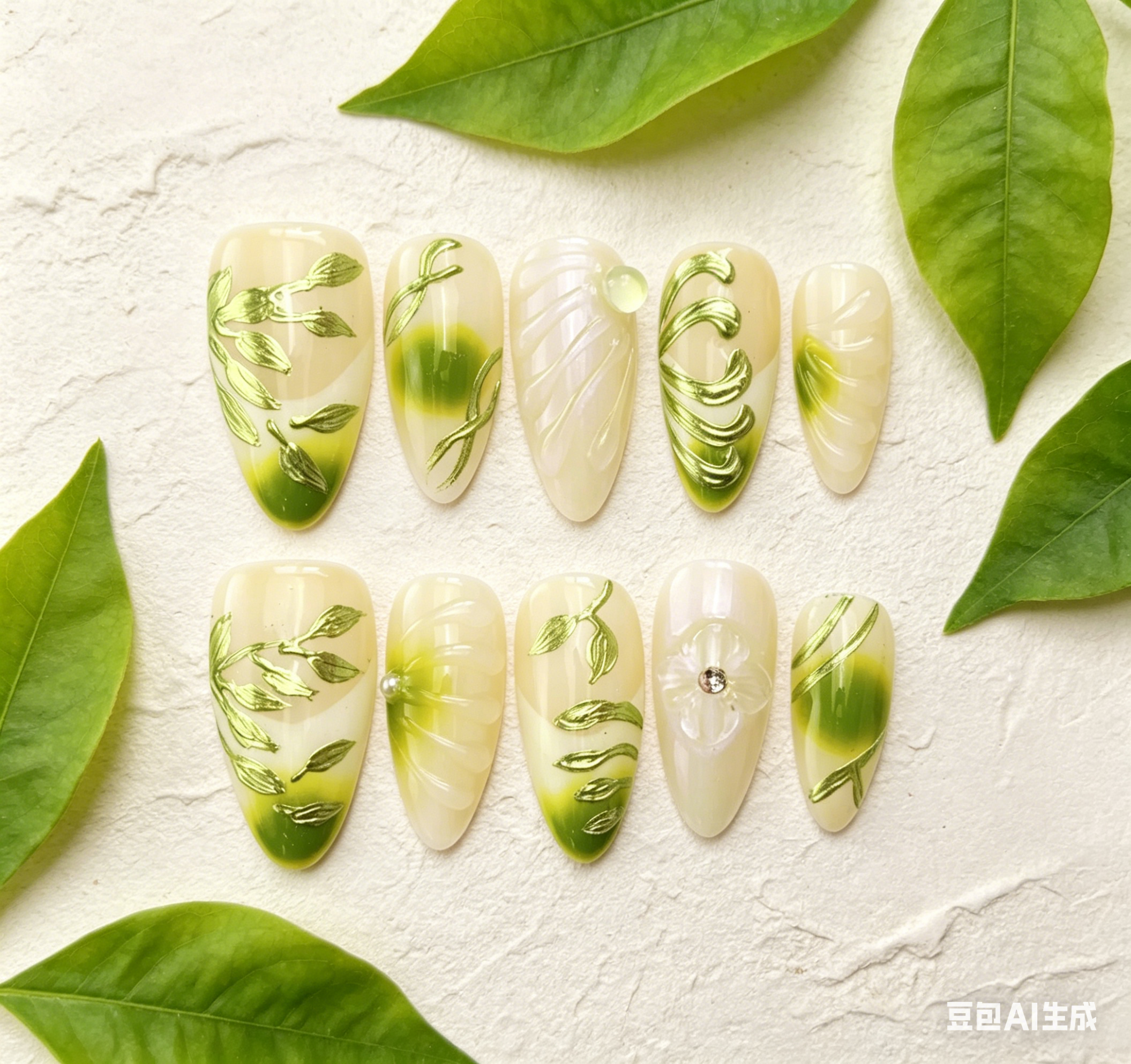 🌿 Holiday Vibe Fresh Green Floral Almond Nails
