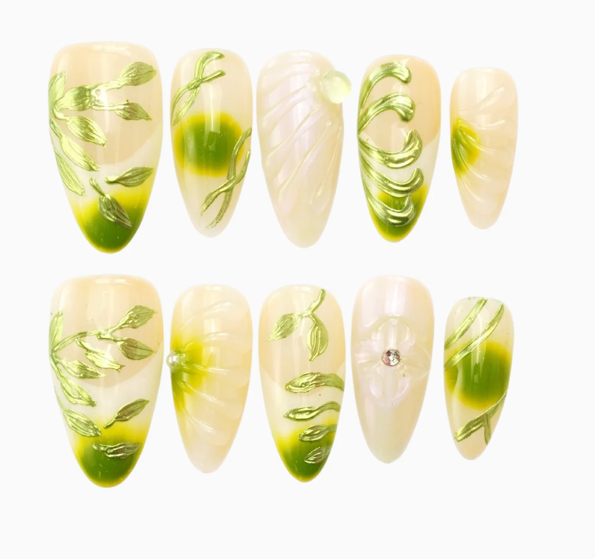 🌿 Holiday Vibe Fresh Green Floral Almond Nails