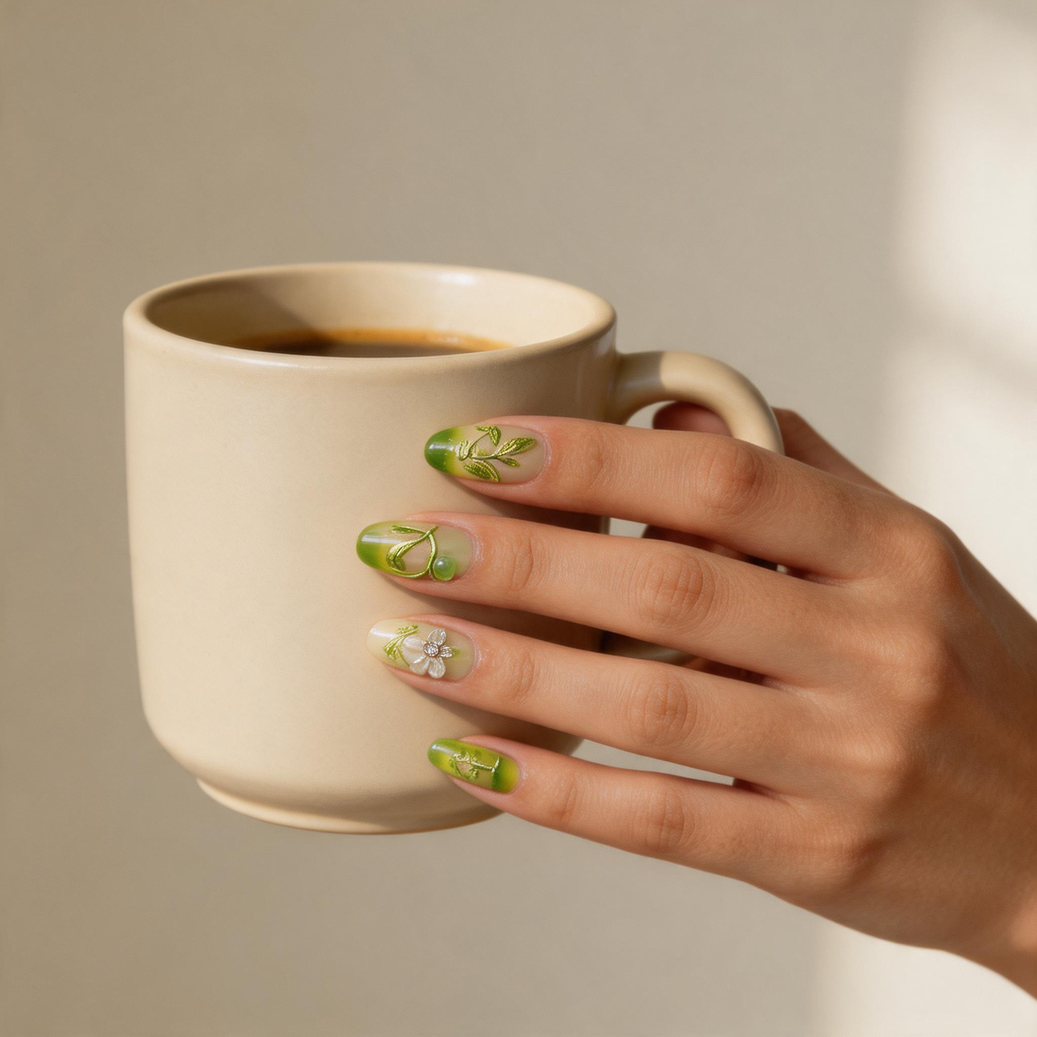 🌿 Holiday Vibe Fresh Green Floral Almond Nails