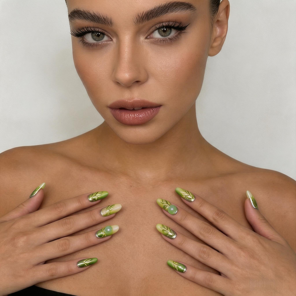 🌿 Holiday Vibe Fresh Green Floral Almond Nails